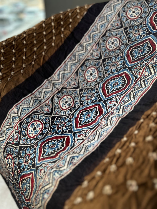 Pattern Pillar - Unstitched Kurti Fabric with Ajrakh & Bandhani Craft