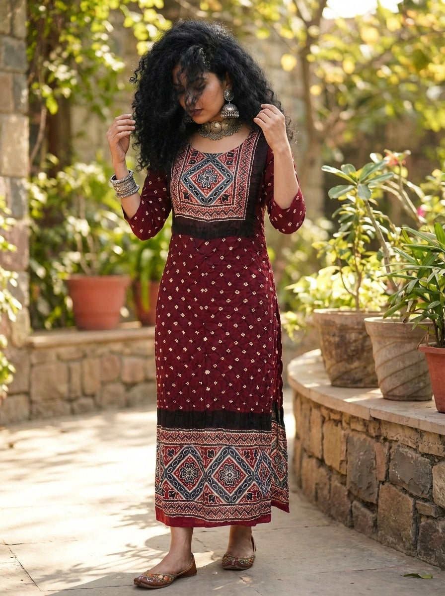 Raga Rouge - Unstitched Kurti Fabric with Bandhani & Ajrakh Craft