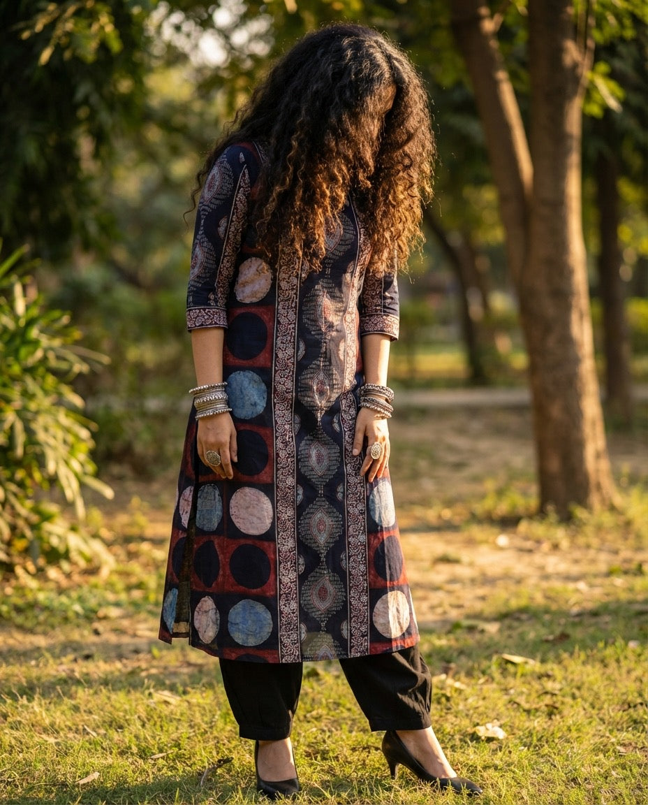 Midnight Ledger - Unstitched Cotton Ajrakh Kurti Fabric