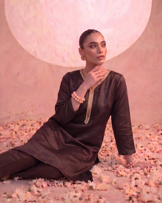 Fauxmous – Modal Satin A-Line Kurta Set with Lace Detailing