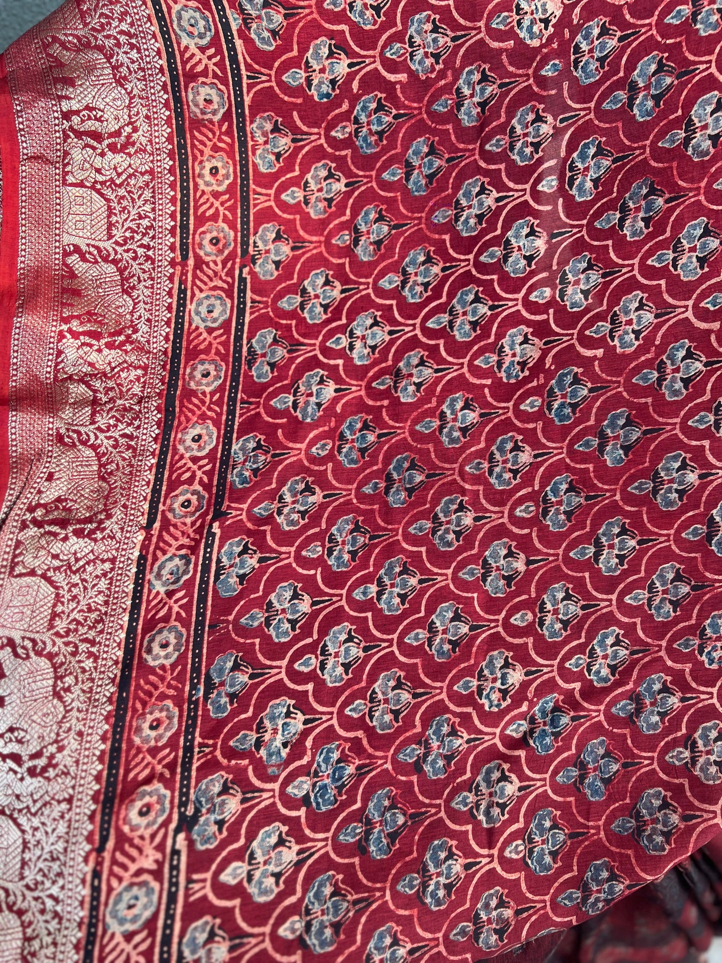 Marqesh - Ajrakh Hand Block Dola Silk Saree