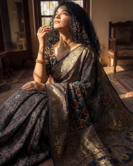 Syahrah - Ajrakh Hand Block Dola Silk Saree