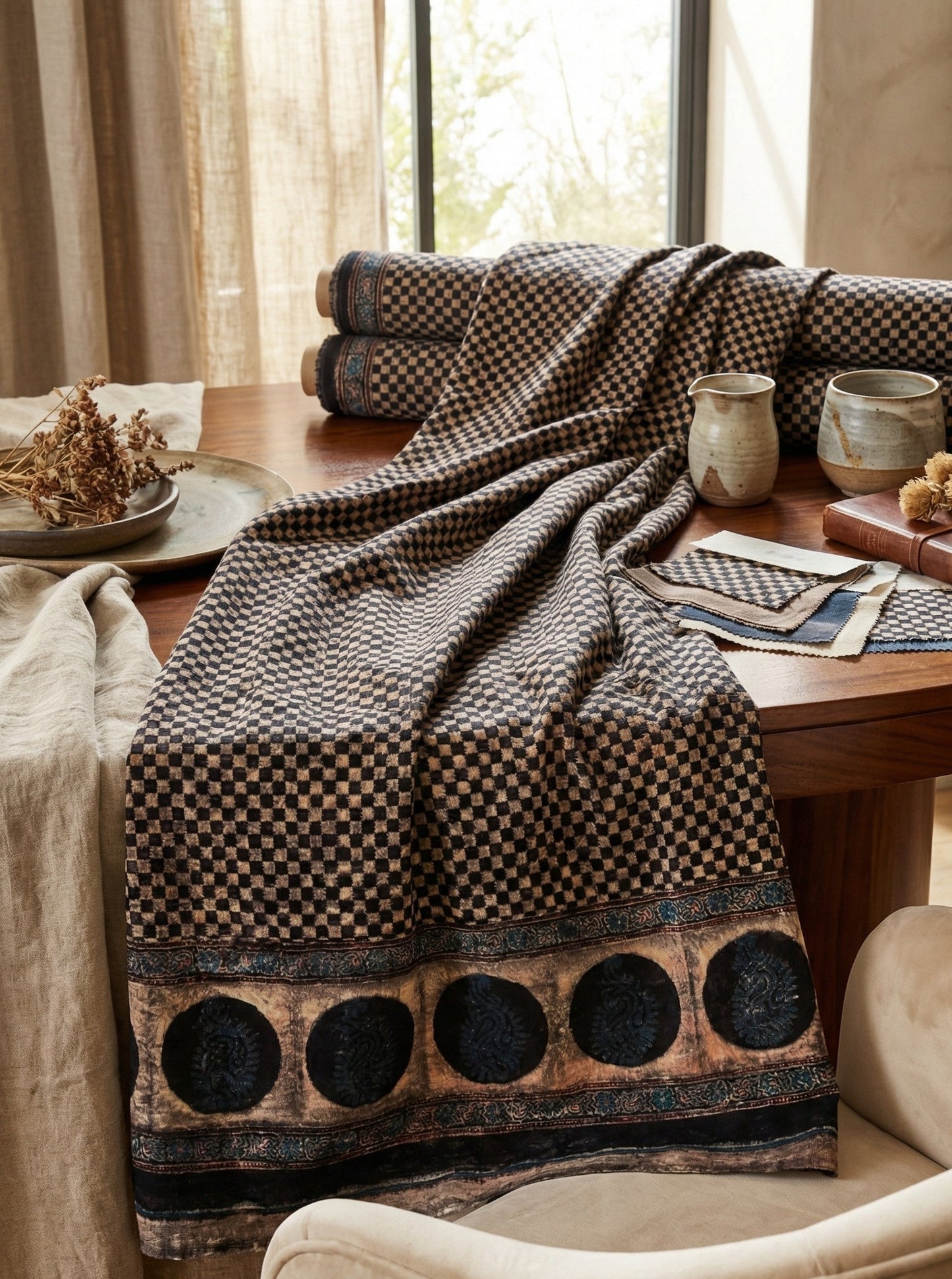 Burnished - Unstitched Velvet Fabric for Kurta with Hand Block Ajrakh Print