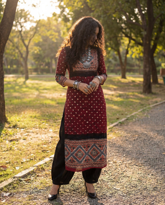 Raga Rouge - Unstitched Kurti Fabric with Bandhani & Ajrakh Craft