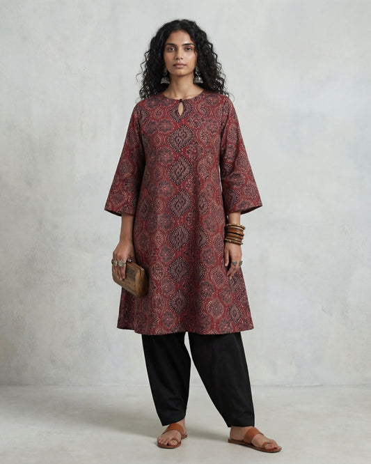 Block Unblock Ajrakh Cotton A-Line Kurti Set