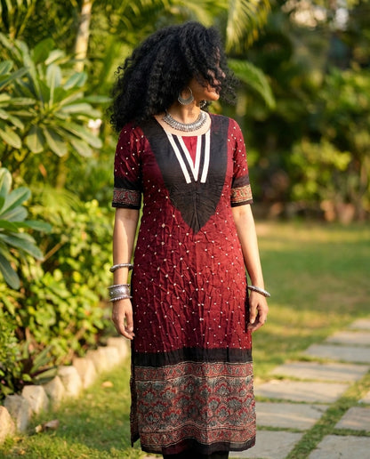 Dot & Block - Unstitched Kurti Fabric with Bandhani & Ajrakh Craft