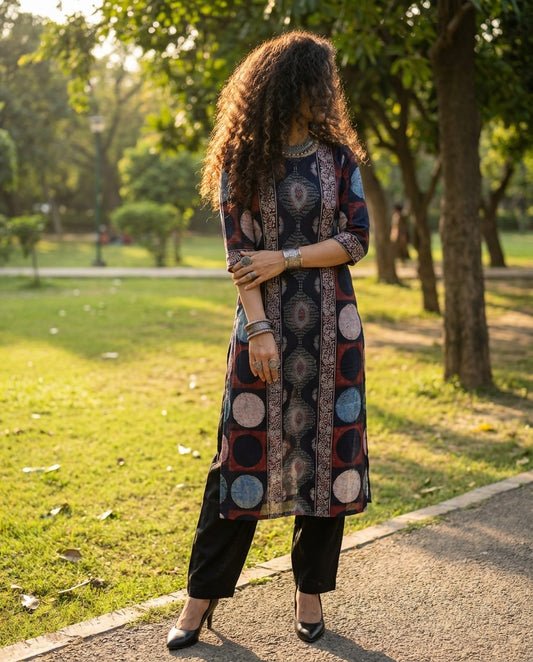 Midnight Ledger - Unstitched Cotton Ajrakh Kurti Fabric