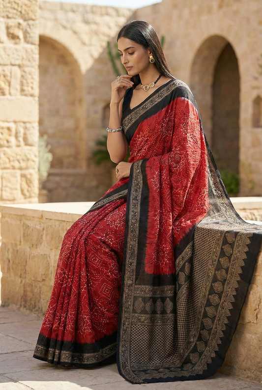 Miraaj – Bandhani Ajrakh Gaji Silk Saree
