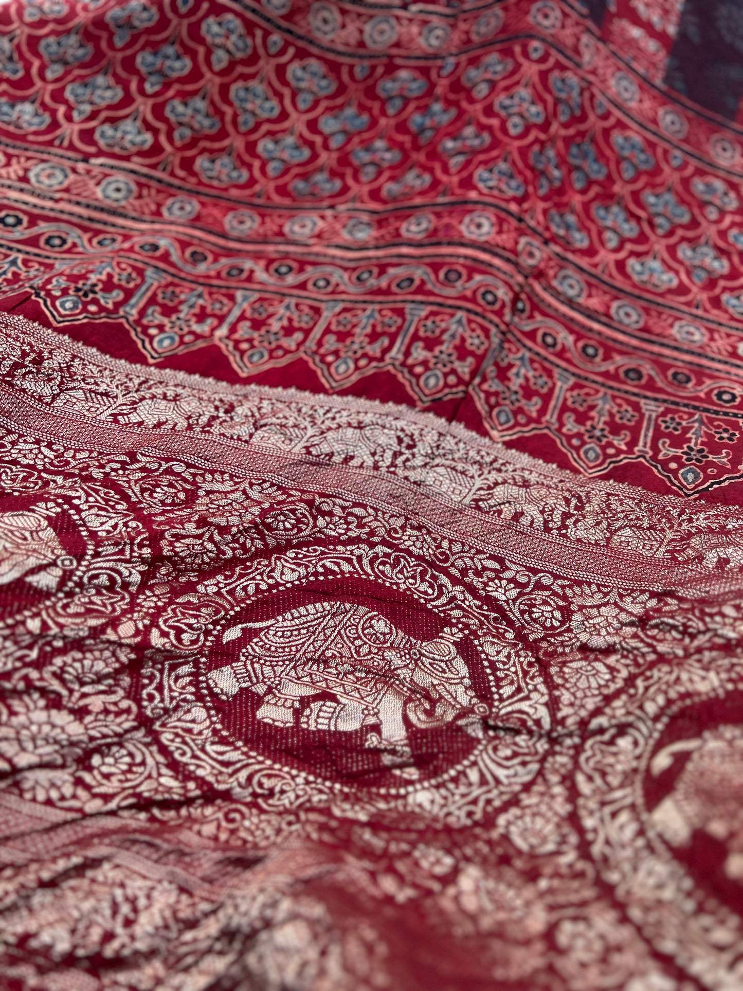 Marqesh - Ajrakh Hand Block Dola Silk Saree
