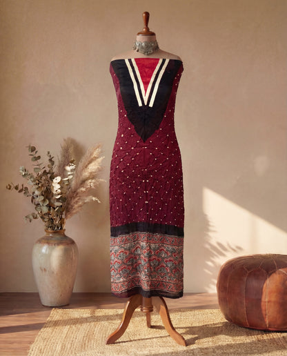 Dot & Block - Unstitched Kurti Fabric with Bandhani & Ajrakh Craft
