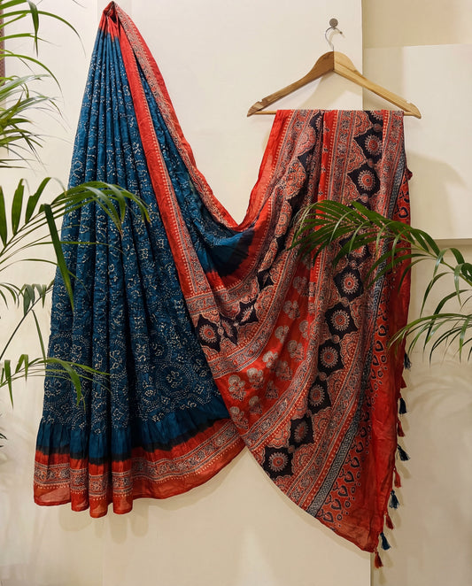 Zarqa – Bandhani Ajrakh Gaji Silk Saree