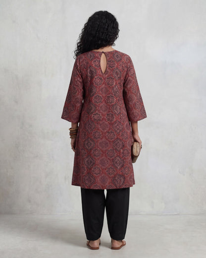 Block Unblock Ajrakh Cotton A-Line Kurti Set