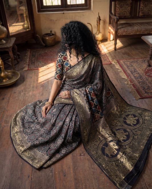 Syahrah - Ajrakh Hand Block Dola Silk Saree