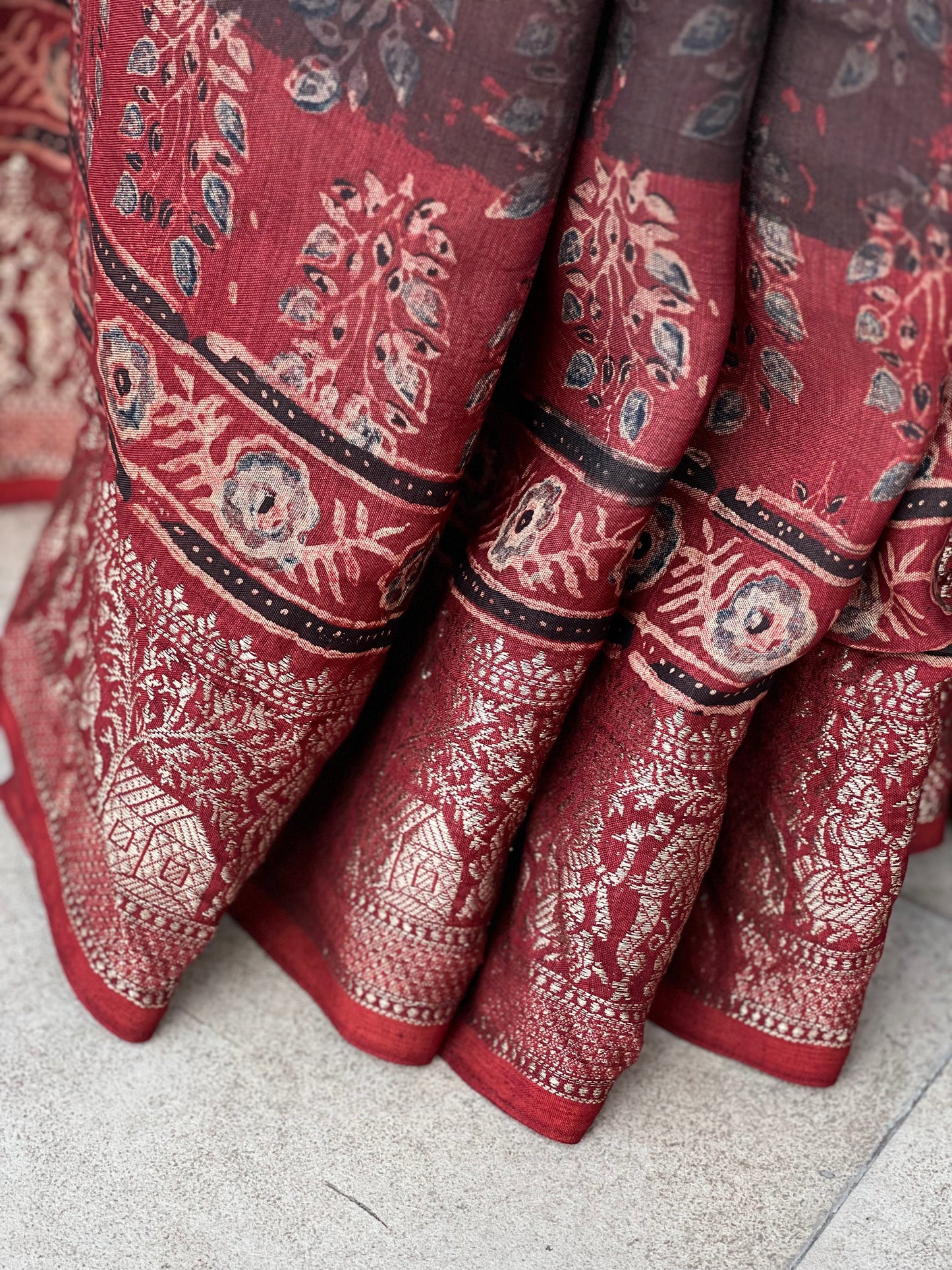 Marqesh - Ajrakh Hand Block Dola Silk Saree