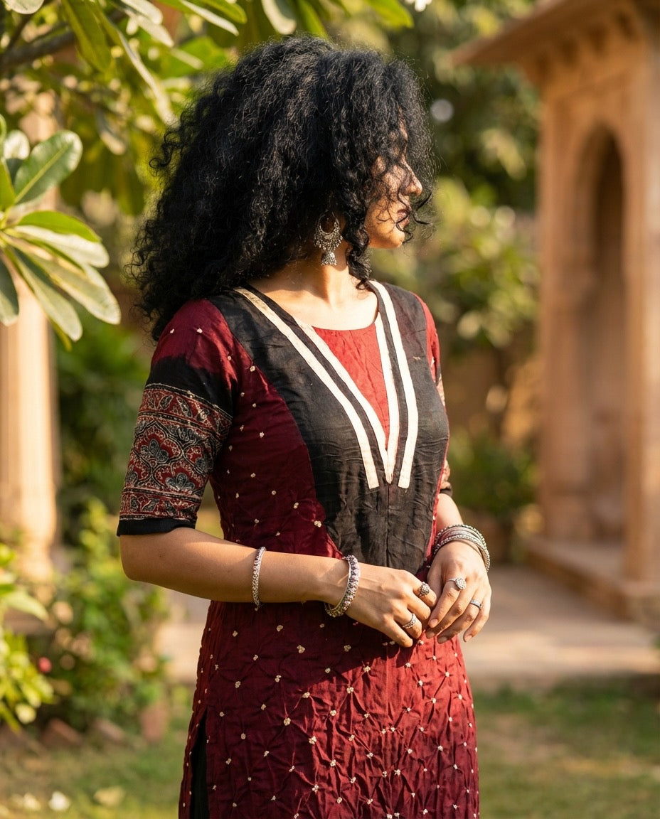 Dot & Block - Unstitched Kurti Fabric with Bandhani & Ajrakh Craft