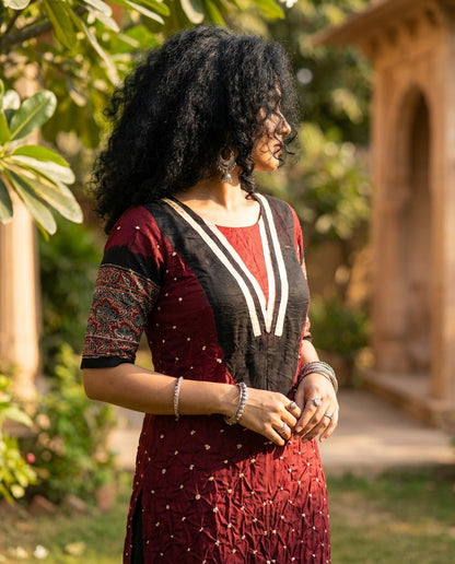 Dot & Block - Unstitched Kurti Fabric with Bandhani & Ajrakh Craft