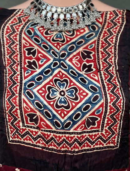 Raga Rouge - Unstitched Kurti Fabric with Bandhani & Ajrakh Craft