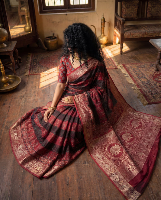 Marqesh - Ajrakh Hand Block Dola Silk Saree
