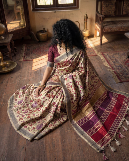 Veilora - Apple Silk Saree with Hand Block Print
