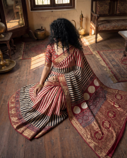 Tathya – Ajrakh Hand Block Dola Silk Saree
