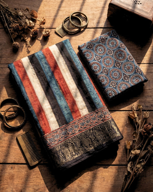Samat - Ajrakh Hand Block Dola Silk Saree