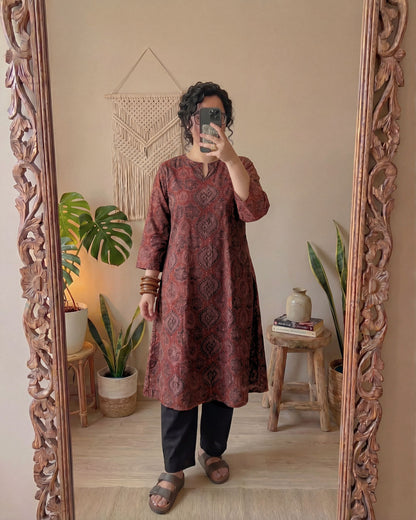 Block Unblock Ajrakh Cotton A-Line Kurti Set