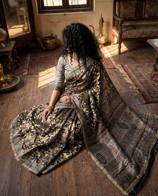 Rawsheeni - Apple Silk Saree with Hand Block Print