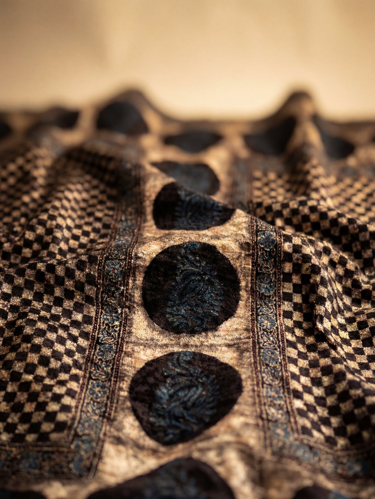 Burnished - Unstitched Velvet Fabric for Kurta with Hand Block Ajrakh Print