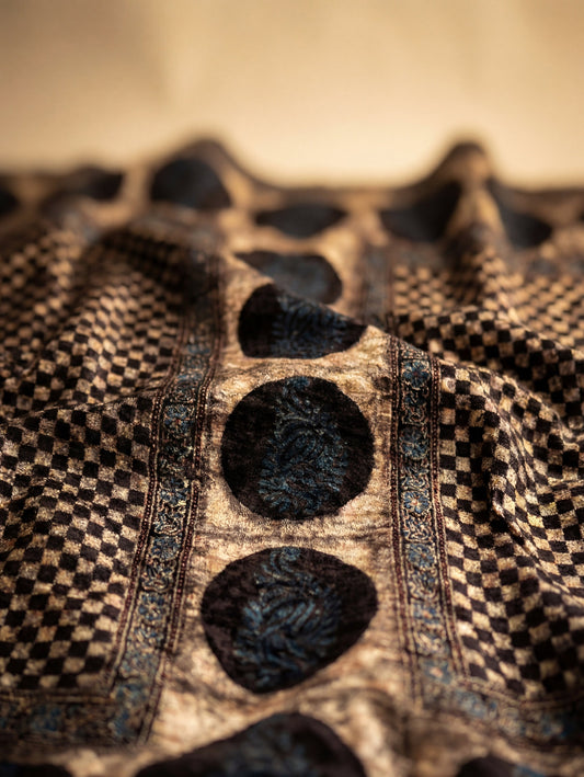 Burnished - Unstitched Velvet Fabric for Kurta with Hand Block Ajrakh Print