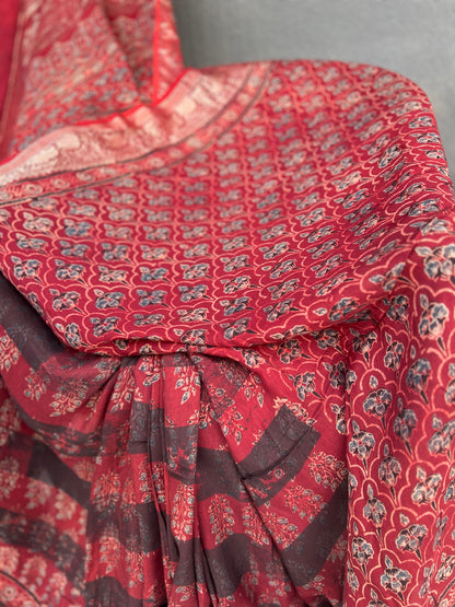 Marqesh - Ajrakh Hand Block Dola Silk Saree
