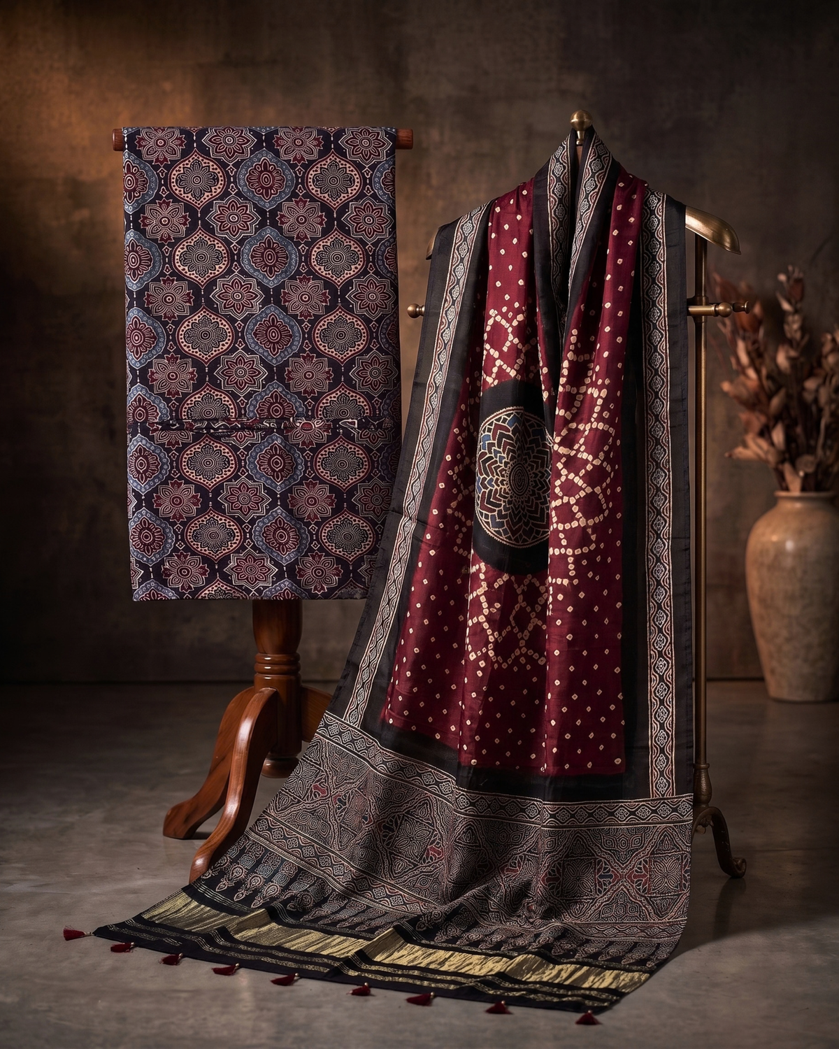 Two of a Kind – Hand Blocked Ajrakh & Bandhani Unstitched Kurta Set