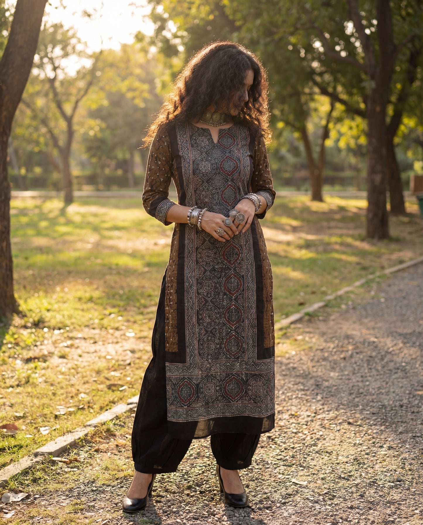 Pattern Pillar - Unstitched Kurti Fabric with Ajrakh & Bandhani Craft