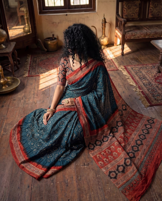 Zarqa – Bandhani Ajrakh Gaji Silk Saree