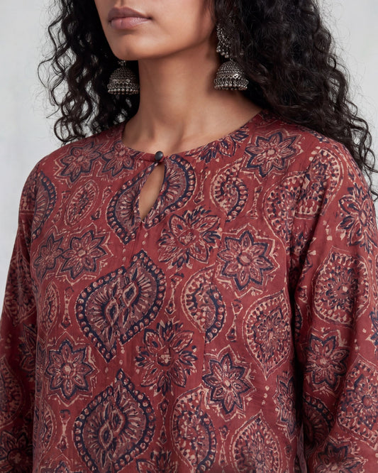 Block Unblock Ajrakh Cotton A-Line Kurti Set