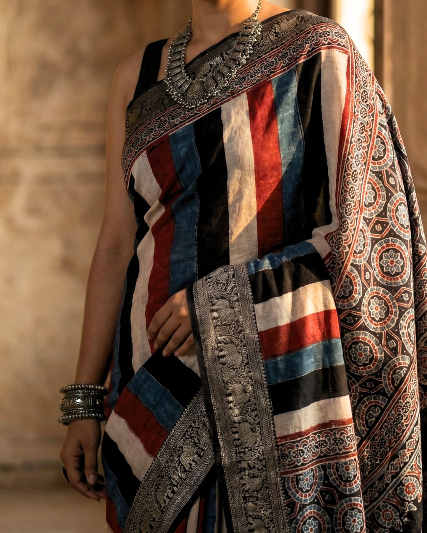 Samat - Ajrakh Hand Block Dola Silk Saree