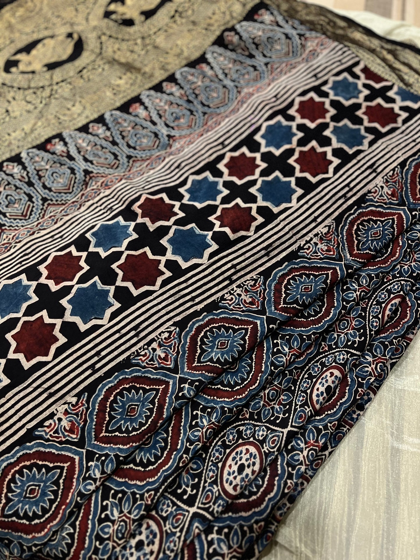 Syahrah - Ajrakh Hand Block Dola Silk Saree