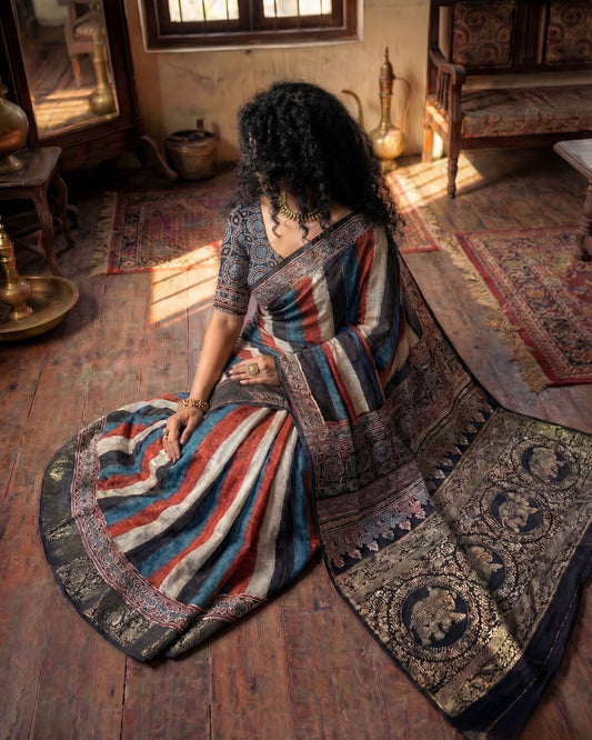 Samat - Ajrakh Hand Block Dola Silk Saree