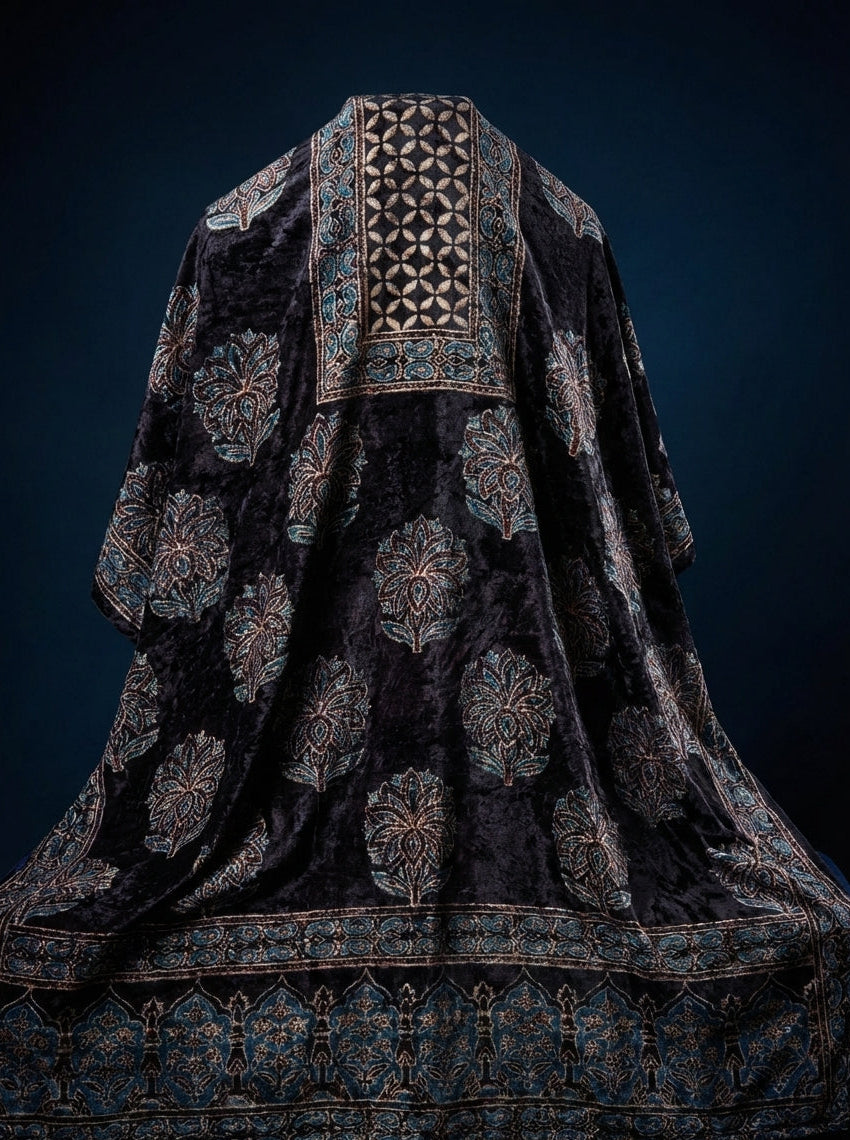Midnight - Unstitched Velvet Kurta Fabric with Hand Block Ajrakh Print