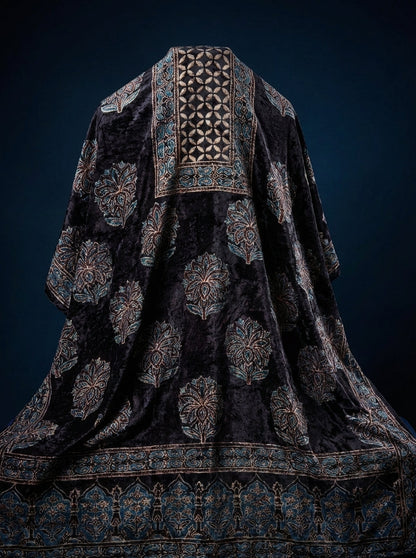 Midnight - Unstitched Velvet Kurta Fabric with Hand Block Ajrakh Print
