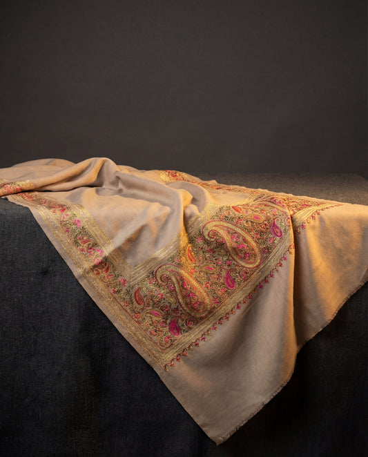 Ecru Sand Stole - Embroidered Pashmina Stole