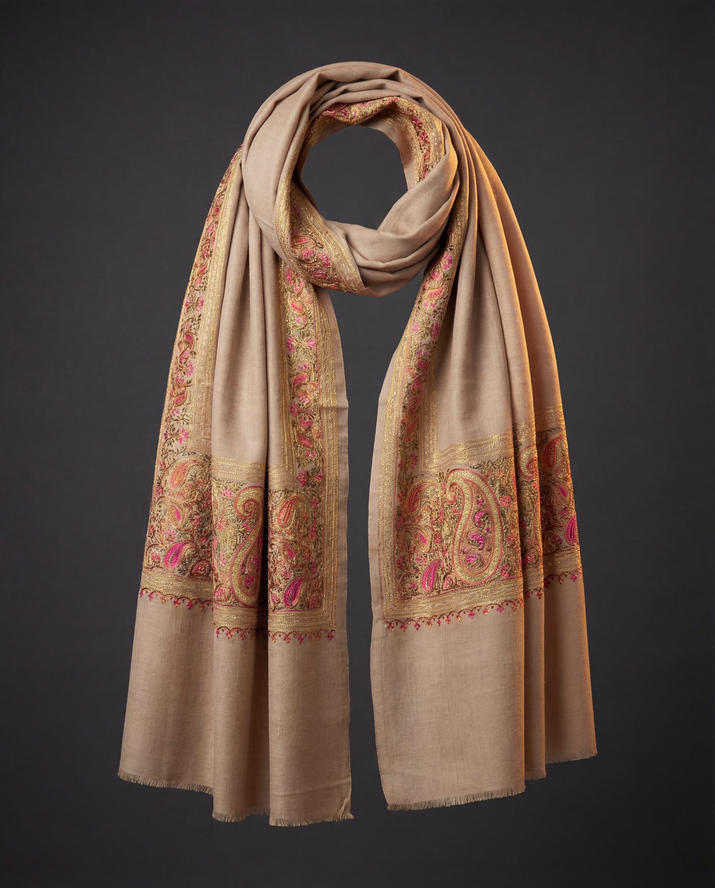 Ecru Sand Stole - Embroidered Pashmina Stole