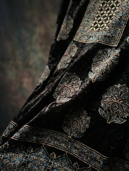 Close up of hand-blocked Ajrakh print on velvet