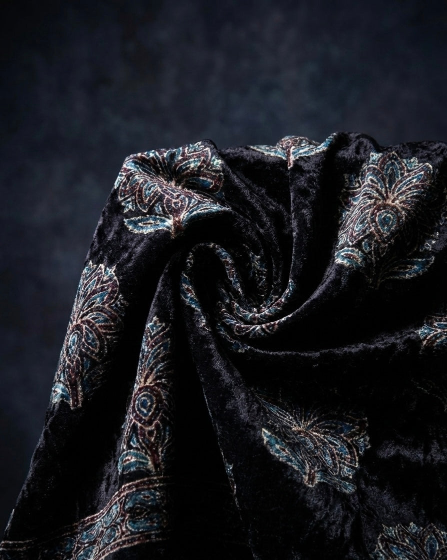 Midnight - Unstitched Velvet Kurta Fabric with Hand Block Ajrakh Print