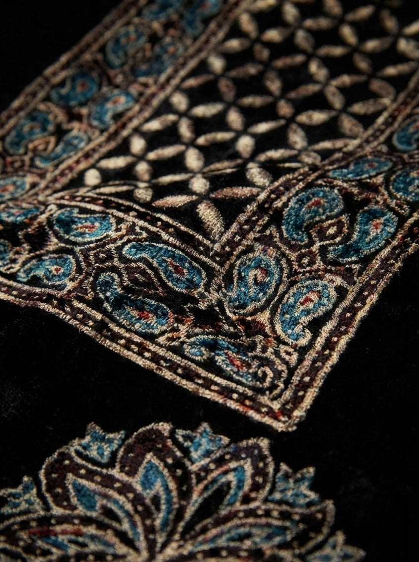 Midnight - Unstitched Velvet Kurta Fabric with Hand Block Ajrakh Print