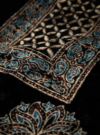 Midnight - Unstitched Velvet Kurta Fabric with Hand Block Ajrakh Print