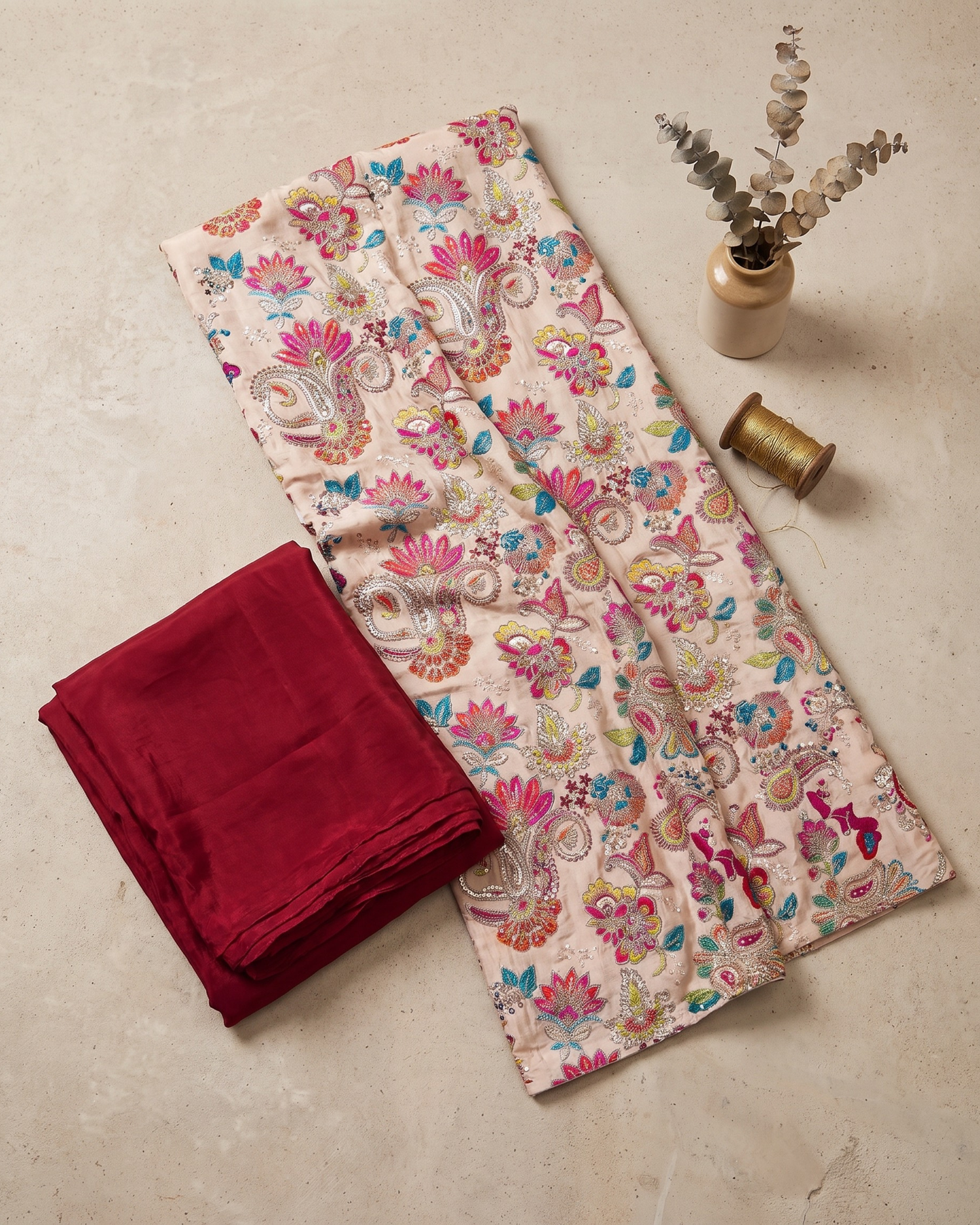 Daydream - Hand Embroidered Natural Crepe Unstitched Set
