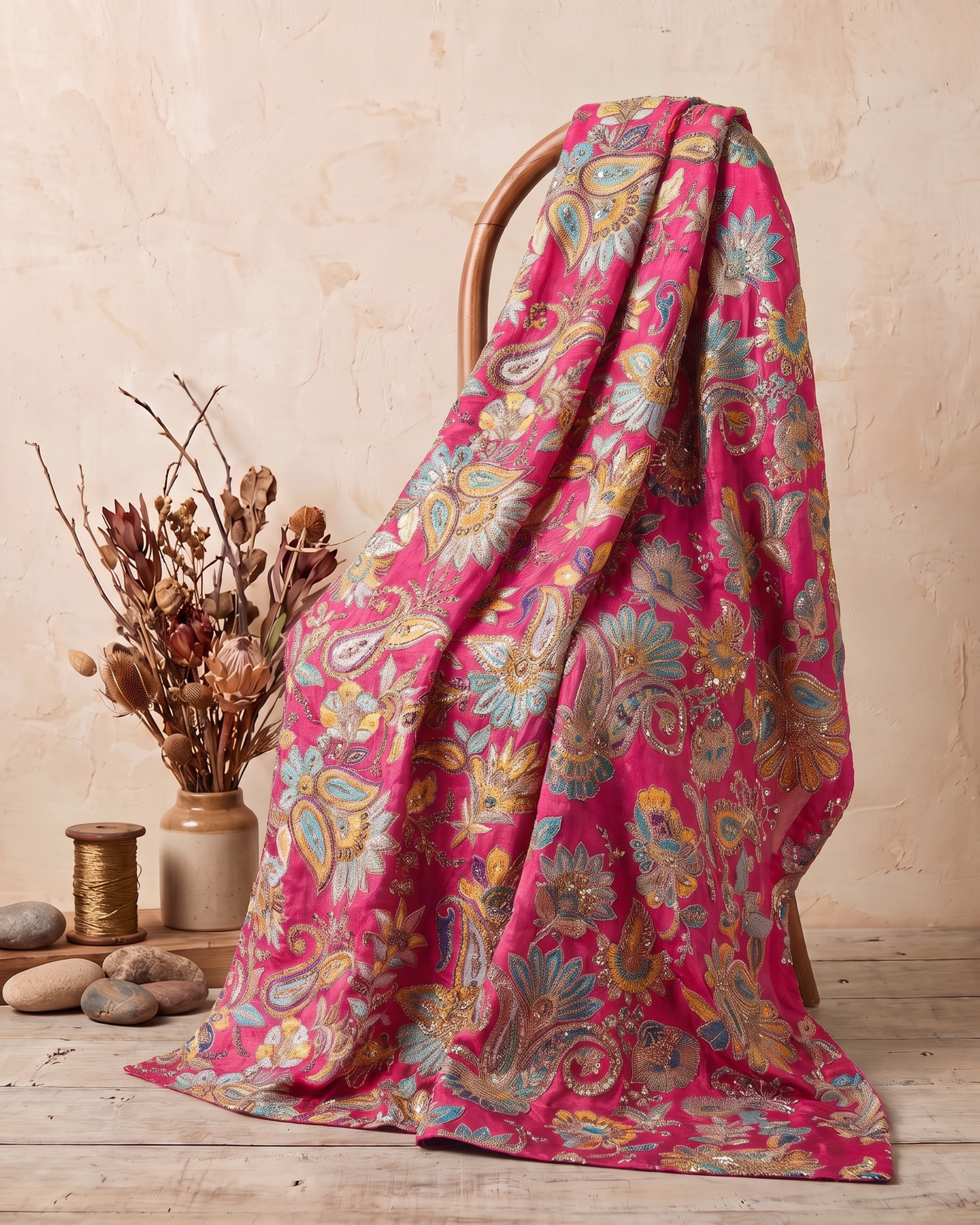 Confetti - Hand Embroidered Natural Crepe Unstitched Fabric